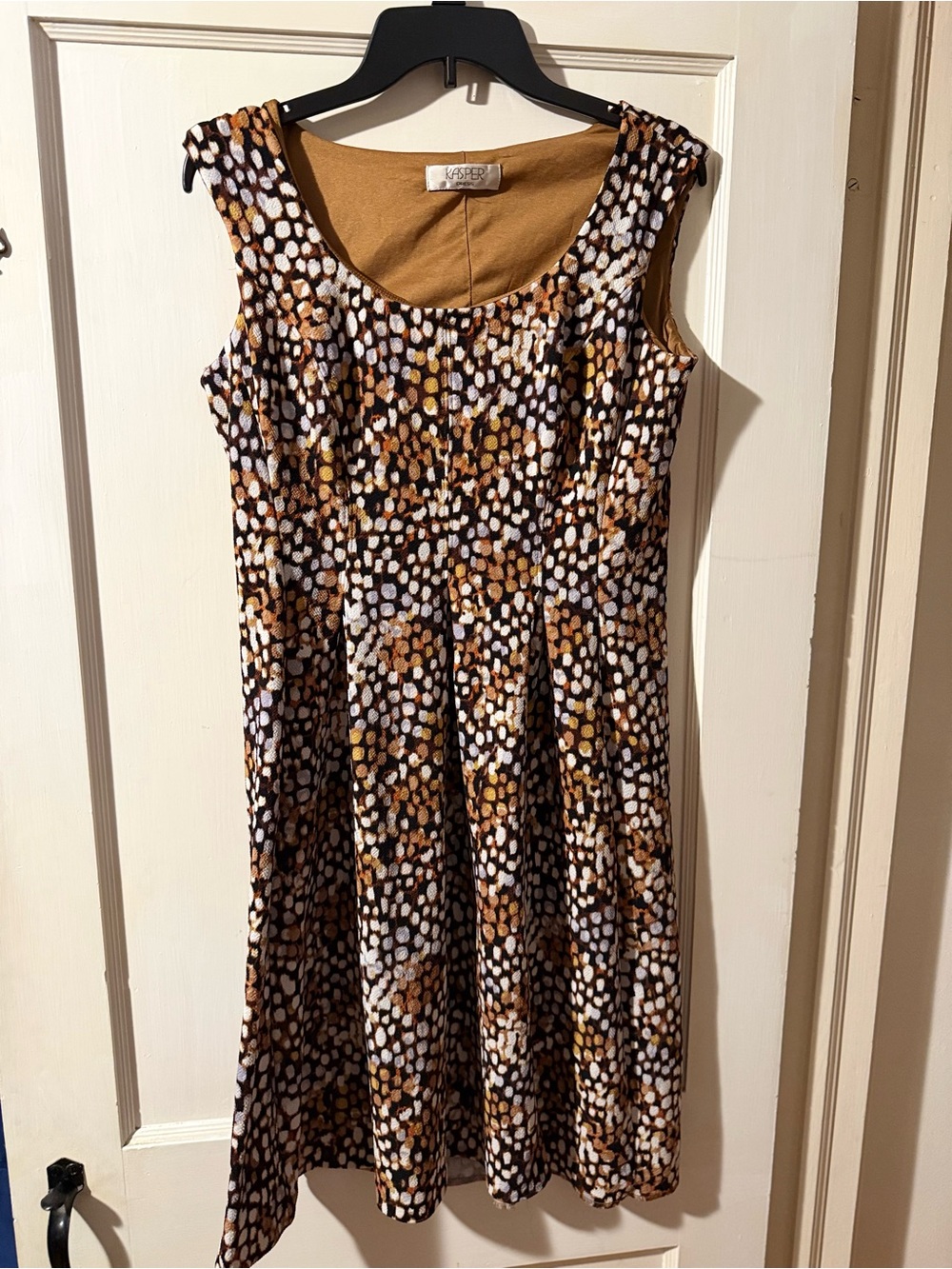 Kasper Scoop Neck Fit-and-Flare Midi Dress in Brown, Black & White Dot Print